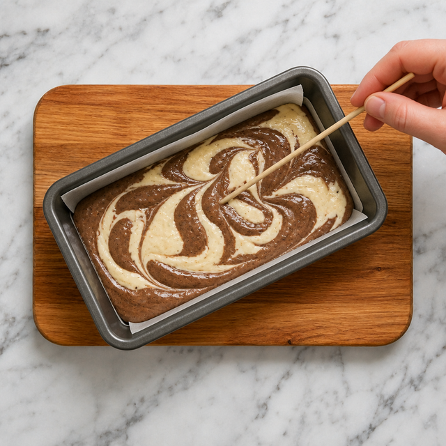 Vanilla and chocolate batters swirled together in a loaf pan