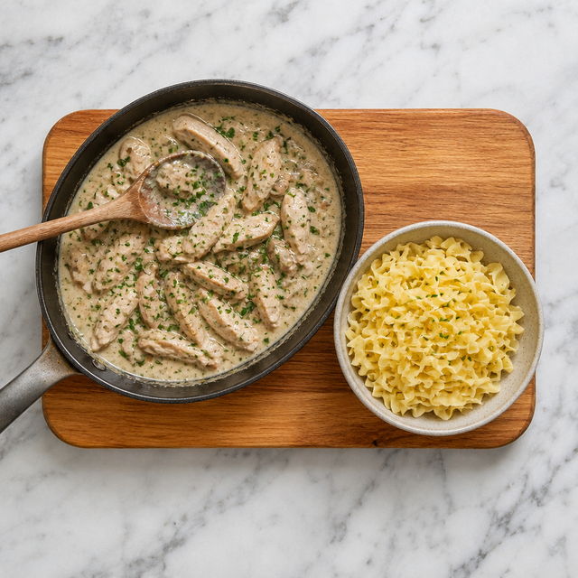 Turkey strips in creamy mushroom sauce served over buttered noodles