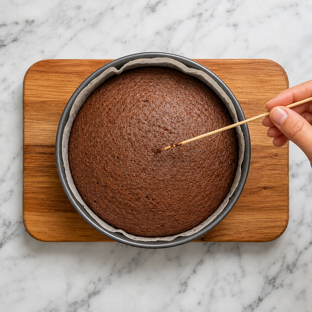 Baked chocolate sponge ready to cool after passing the skewer test