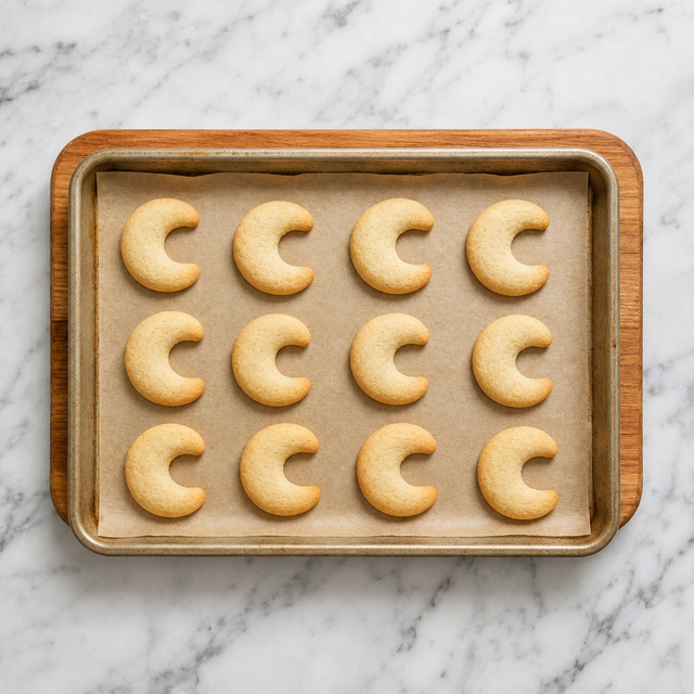 Freshly baked vanilla crescent cookies with pale centers and lightly golden edges.