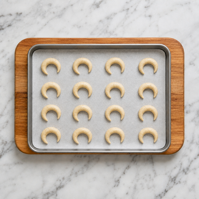 Unbaked vanilla crescent cookies shaped on a parchment-lined baking sheet.
