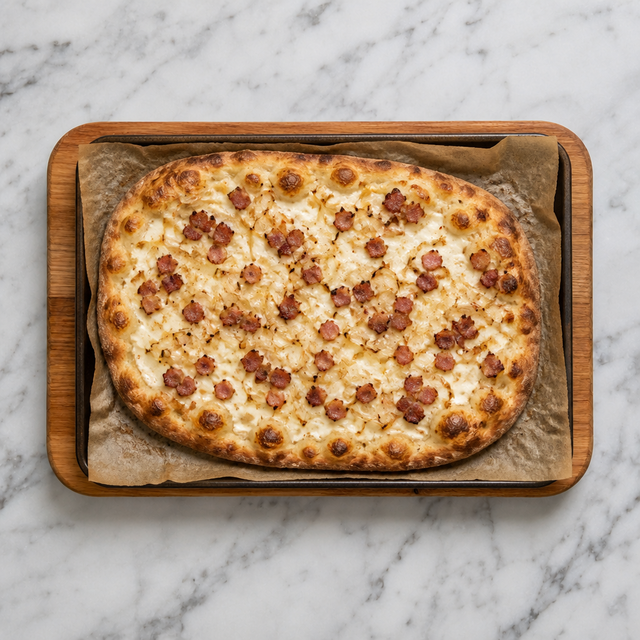 Baked tarte flambée with blistered edges and browned bacon