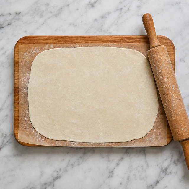 Paper-thin tarte flambée dough rolled on parchment