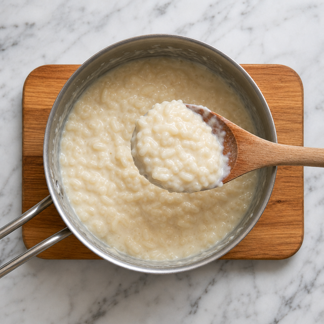 Wooden spoon showing the thick creamy texture of simmered rice pudding