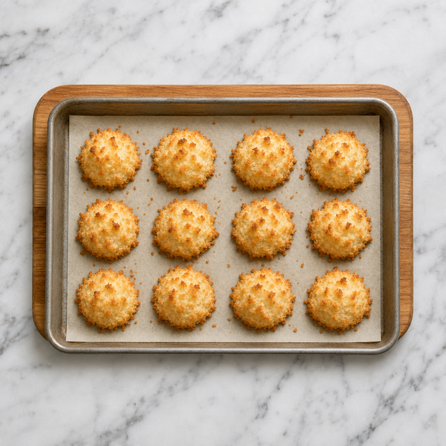 Golden coconut macaroons baked until the tips and edges are toasted