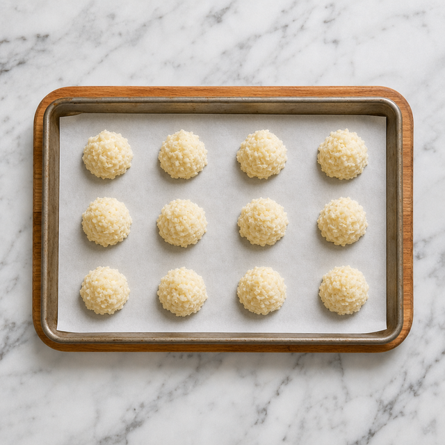 Peaked coconut macaroon mounds arranged on a parchment-lined baking sheet
