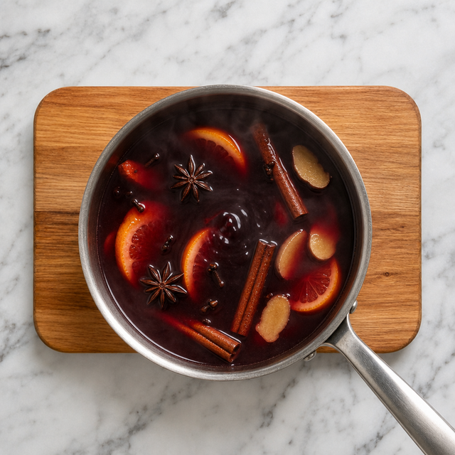 Mulled wine gently steaming with citrus and whole spices in a saucepan