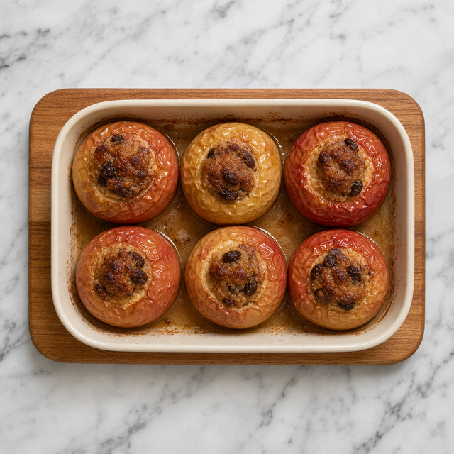 Golden baked stuffed apples with glossy apple juices