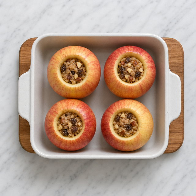 Apples filled with marzipan, raisins, almonds, and cinnamon