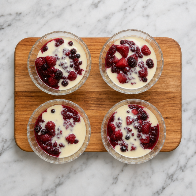 Red berry compote served with pale vanilla sauce in glass dessert bowls