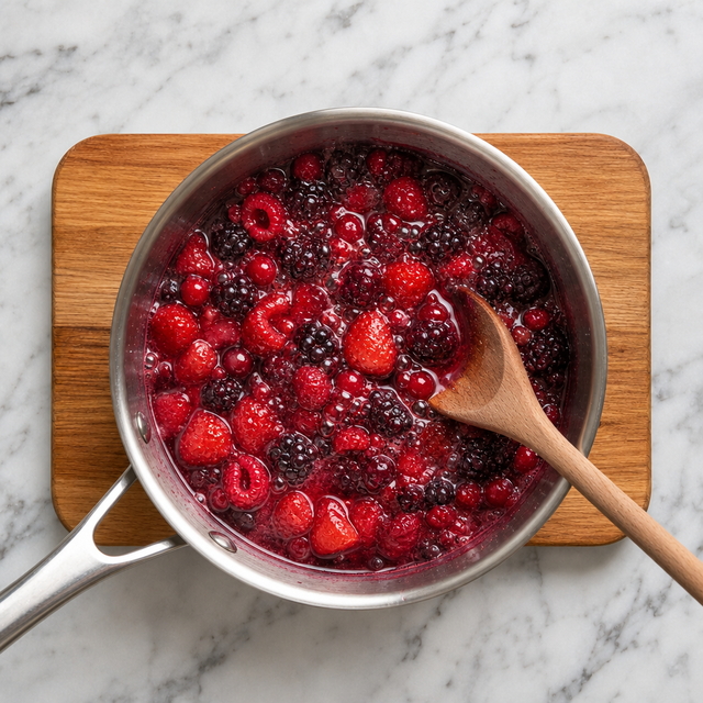 Mixed berries simmering into a glossy red compote in a saucepan