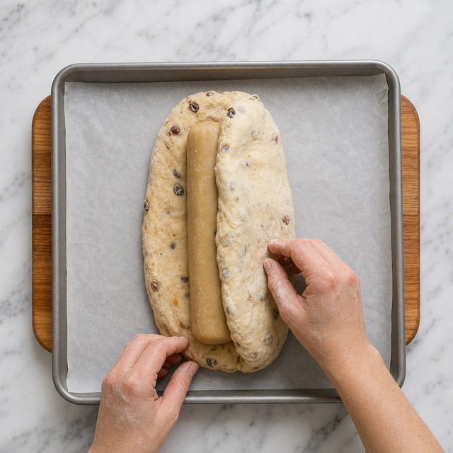 Stollen dough folded over a log of marzipan before baking