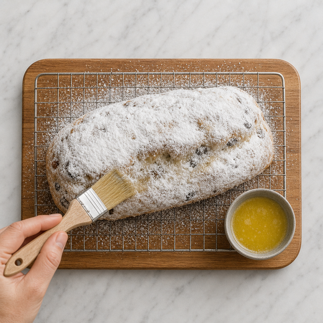 Christmas stollen brushed with butter and covered with powdered sugar