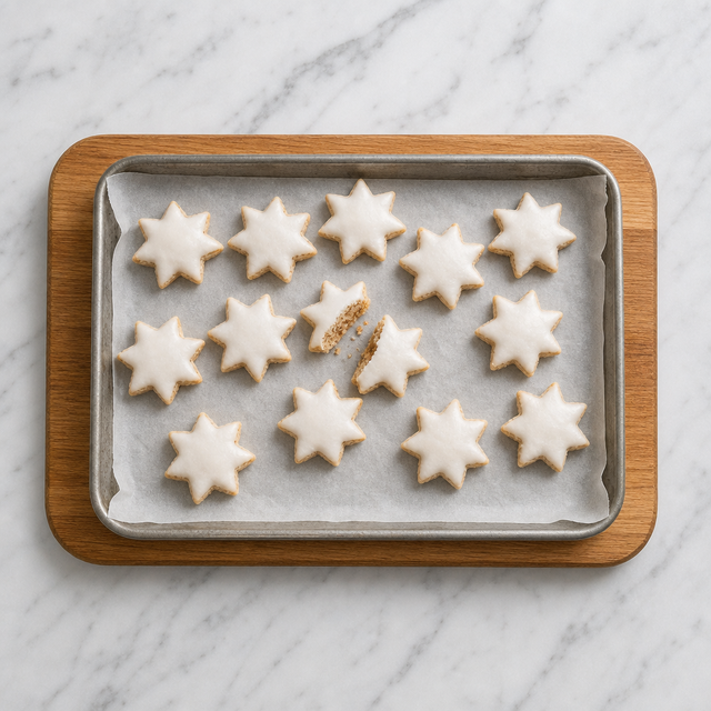 German cinnamon stars with white glaze and lightly golden points