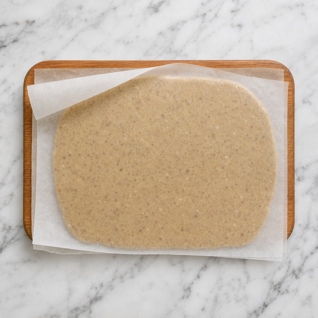 Cinnamon-almond dough rolled evenly between parchment sheets