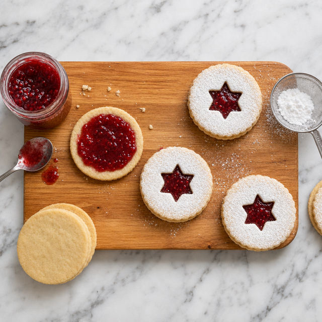 Jam and sugar-dusted cutout cookies assembled into sandwich cookies
