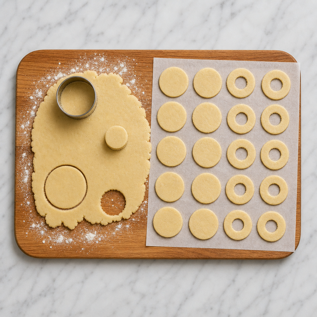 Rolled shortbread dough cut into solid rounds and center-cut rounds