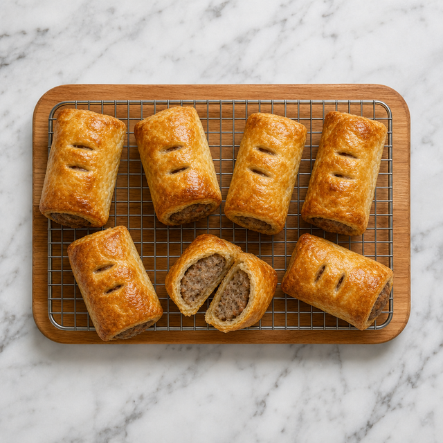 Golden British sausage rolls cooling on a wire rack