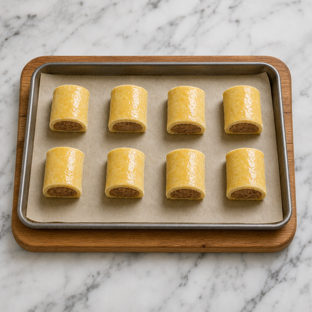 Eight egg-glazed sausage rolls arranged on a baking sheet