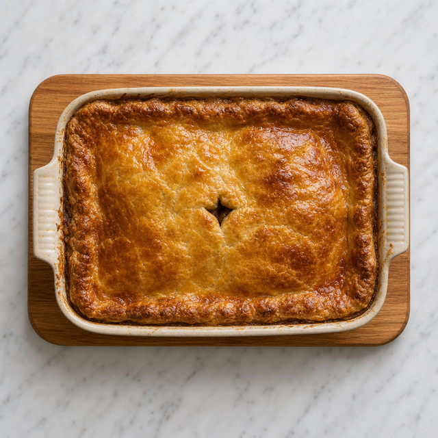 Golden steak and ale pie in a ceramic dish