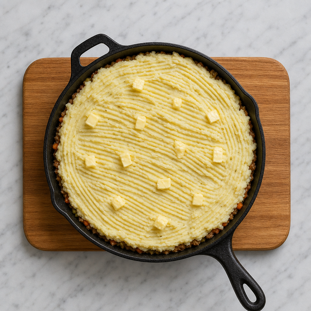 Shepherd's pie assembled with a ridged mashed potato topping