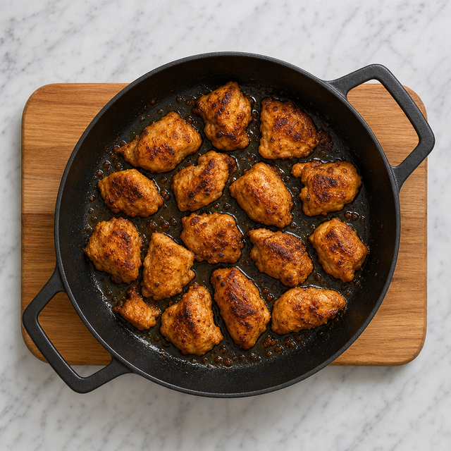 Chicken pieces browning in a skillet before simmering in the sauce