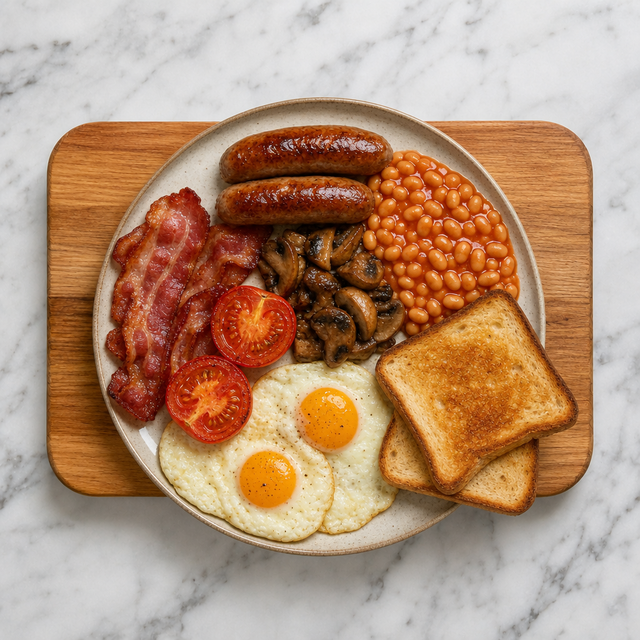 A complete Full English Breakfast plated with sausages, bacon, beans, eggs, mushrooms, tomatoes, and toast