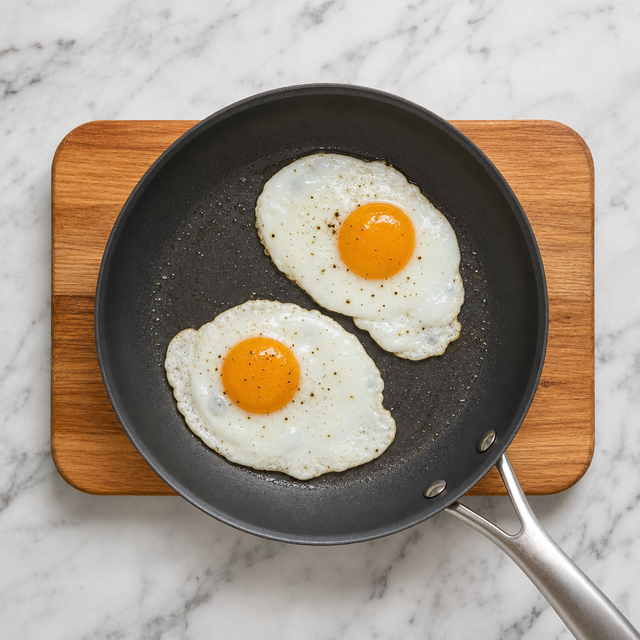 Fried eggs with set whites and soft glossy yolks