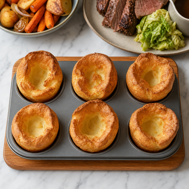 Tall golden Yorkshire puddings with crisp edges
