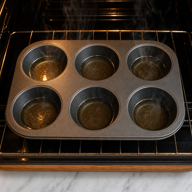 Beef dripping shimmering in a preheated metal muffin tin