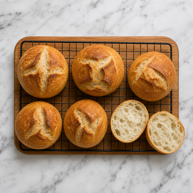 Golden German Sunday bread rolls cooling on a rack