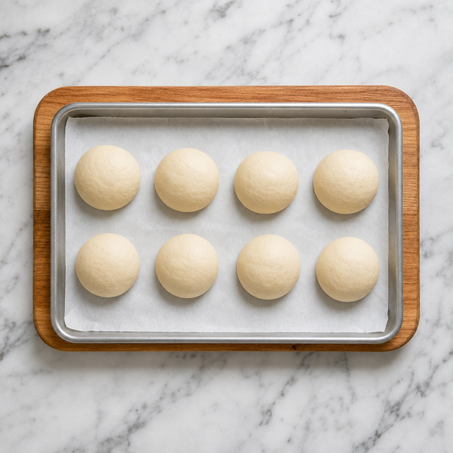 Eight shaped bread rolls arranged on a parchment-lined tray