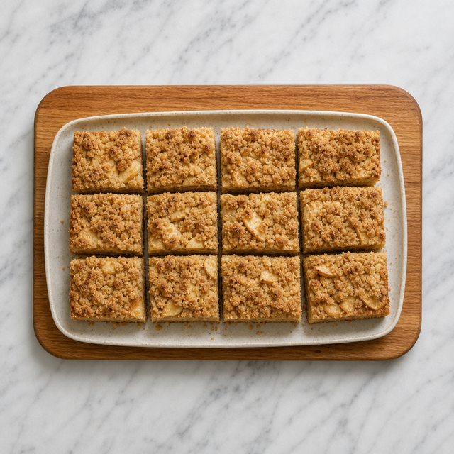 Sliced apple streusel sheet cake ready to serve