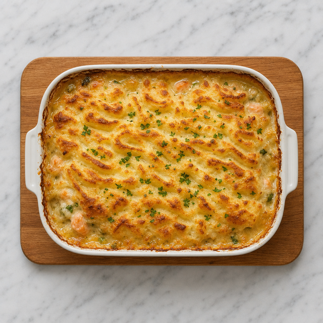 Golden-topped British fish pie fresh from the oven