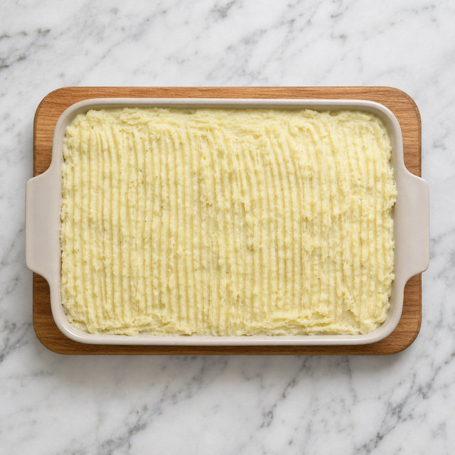 Fish pie assembled with a ridged mashed potato topping
