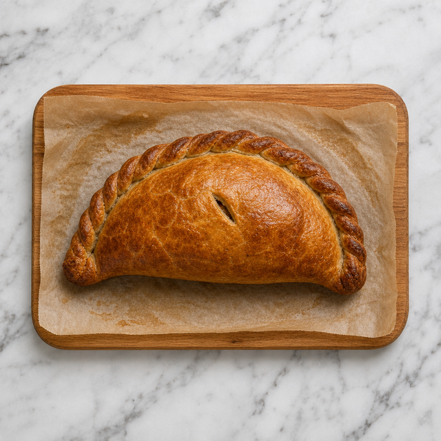 Freshly baked golden Cornish pasty with a crimped crust