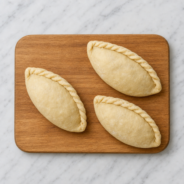 Cornish pasty with a neatly crimped seam before baking