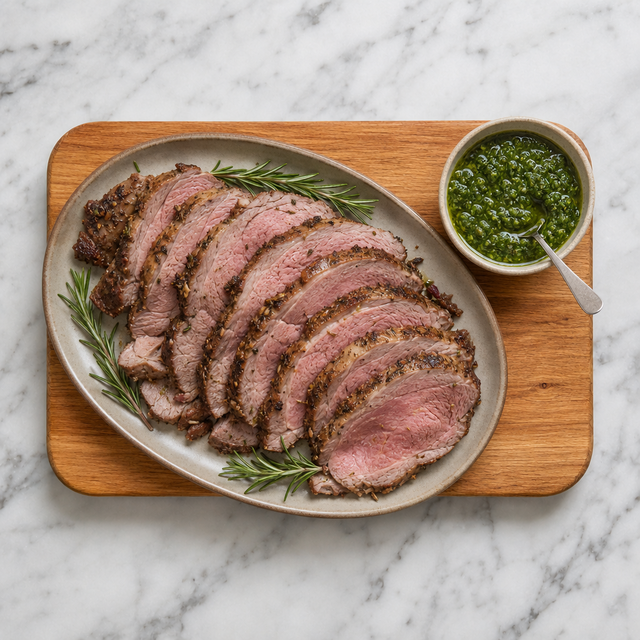 Sliced roast lamb served with a bowl of fresh mint sauce.