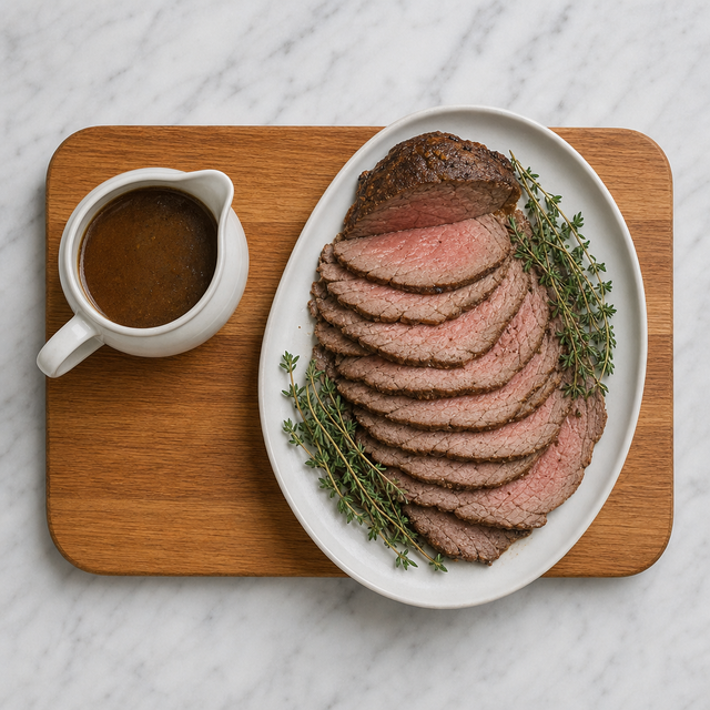 Sliced roast beef served with glossy gravy