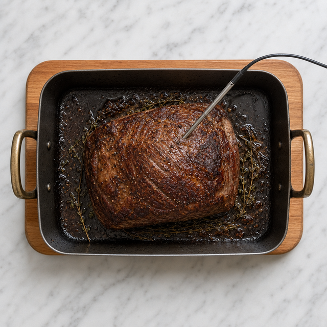 Browned roast beef checked with a thermometer for doneness