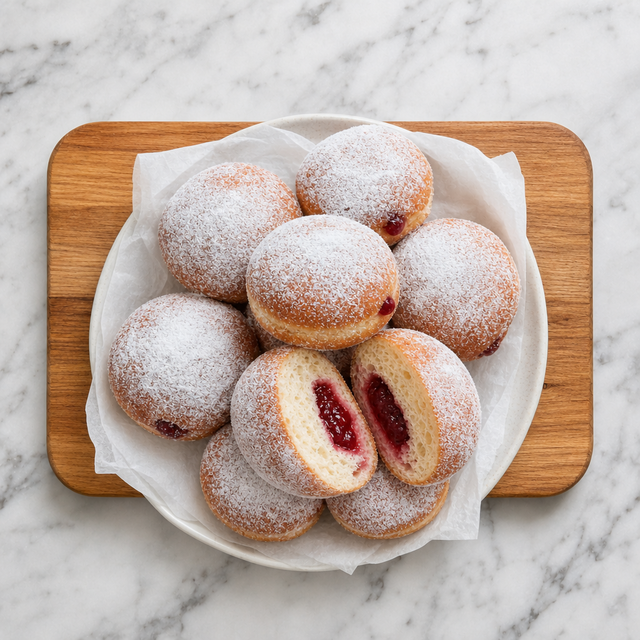 Sugar-dusted jam doughnuts with raspberry centers