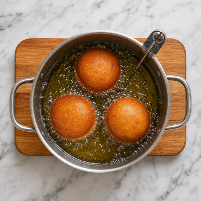 Doughnuts frying to an even golden brown