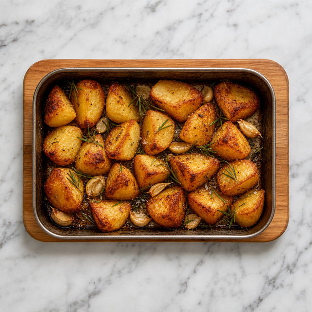 Deeply golden, crisp roast potatoes with rosemary and garlic