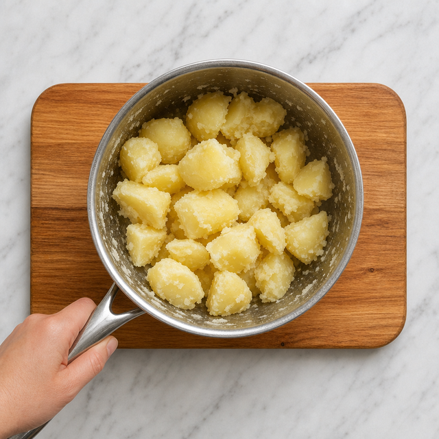 Parboiled potato chunks with roughened, fluffy surfaces ready for roasting