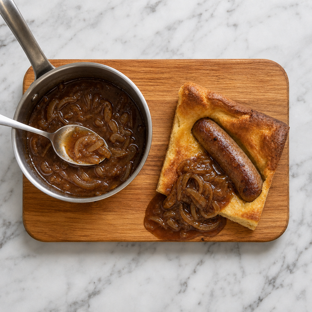 Glossy onion gravy served with a slice of toad in the hole