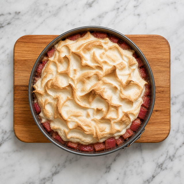 Golden meringue covering the rhubarb cake
