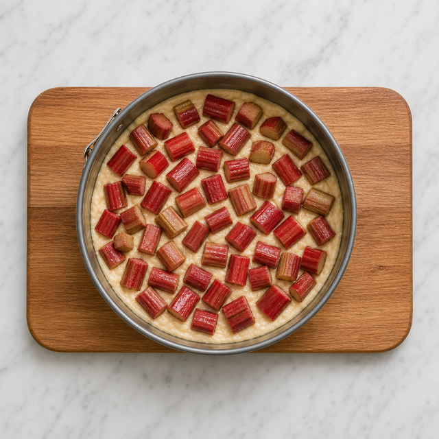 Cornstarch-coated rhubarb arranged over the cake base