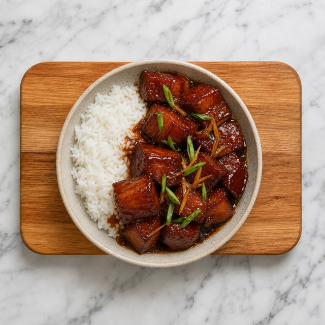Glossy red-braised pork belly ready to serve