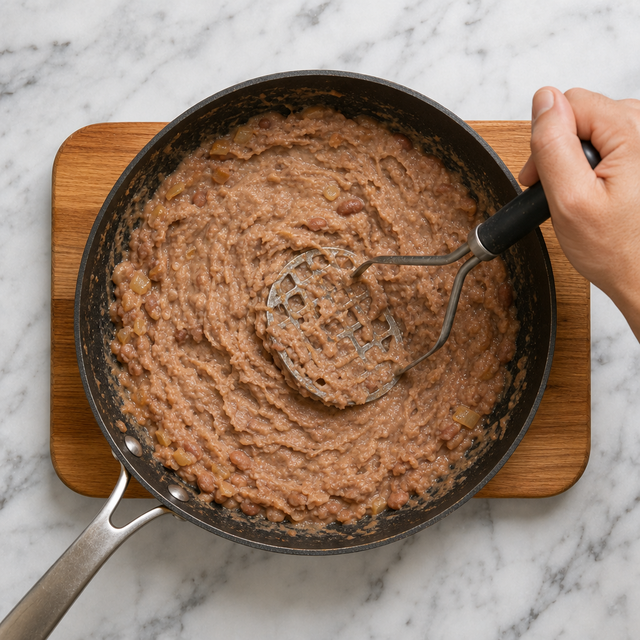Pinto beans being mashed into creamy refried beans in a skillet