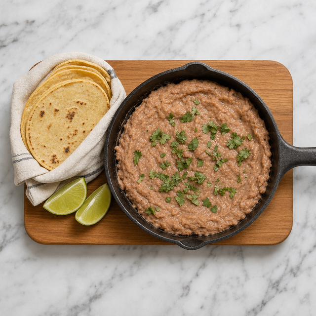 Glossy refried beans topped with cilantro and served with lime